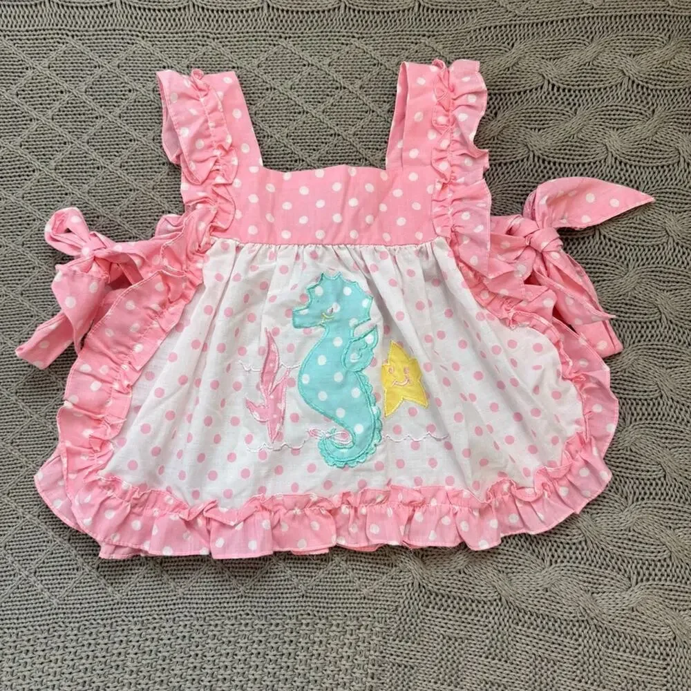 Vintage Broadway Kids Pink Polka Dot Apron Pinnie Tunic Seahorse Design ~9M